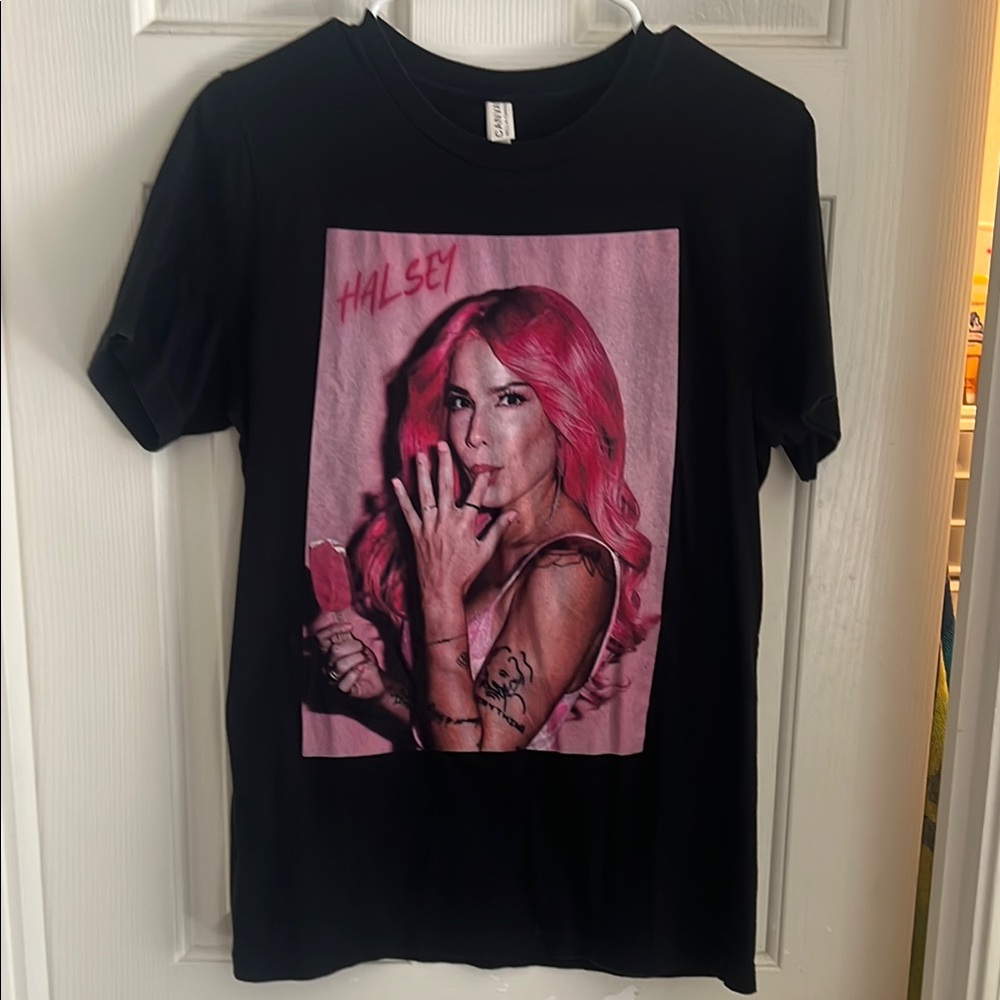 Black T-Shirt with Pink Graphic Print